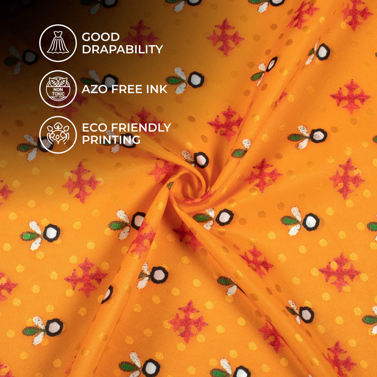 Honey Orange And Red Gamthi Pattern Digital Print Jacquard Booti Japan Satin Fabric (Width 56 Inches)