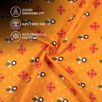 Honey Orange And Red Gamthee Pattern Digital Print Jacquard Booti Japan Satin Fabric (Width 56 Inches)