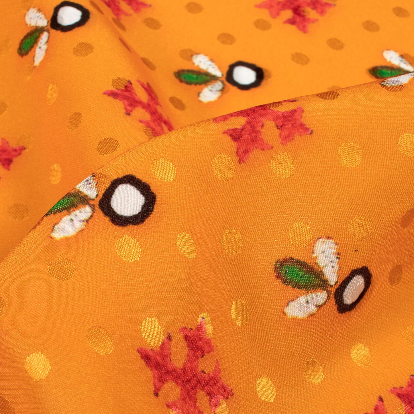 Honey Orange And Red Gamthi Pattern Digital Print Jacquard Booti Japan Satin Fabric (Width 56 Inches)