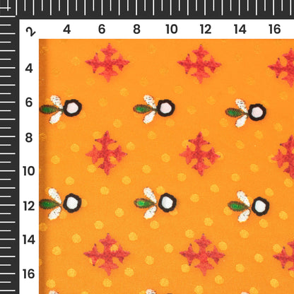 Honey Orange And Red Gamthee Pattern Digital Print Jacquard Booti Japan Satin Fabric (Width 56 Inches)