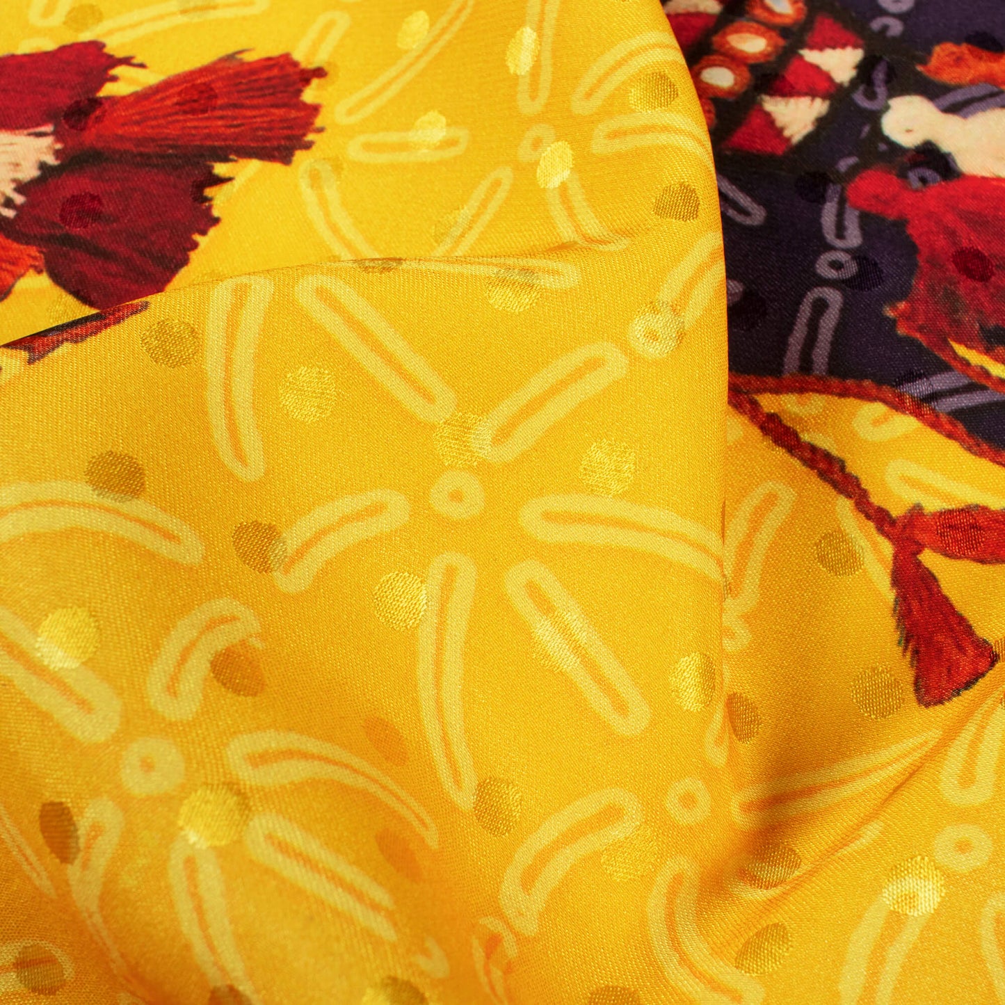 Cyber Yellow And Brown Gamthi Pattern Digital Print Jacquard Booti Japan Satin Fabric (Width 56 Inches)