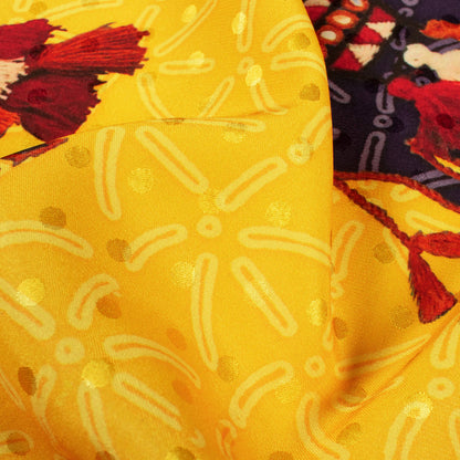 Cyber Yellow And Brown Gamthee Pattern Digital Print Jacquard Booti Japan Satin Fabric (Width 56 Inches)