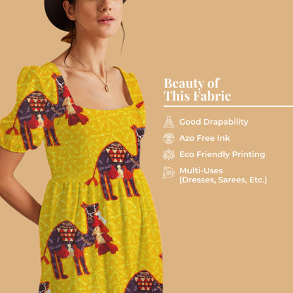 Cyber Yellow And Brown Gamthee Pattern Digital Print Jacquard Booti Japan Satin Fabric (Width 56 Inches)