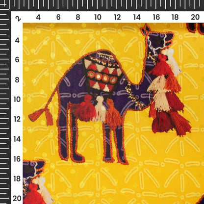 Cyber Yellow And Brown Gamthee Pattern Digital Print Jacquard Booti Japan Satin Fabric (Width 56 Inches)
