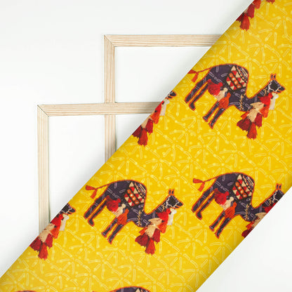 Cyber Yellow And Brown Gamthee Pattern Digital Print Jacquard Booti Japan Satin Fabric (Width 56 Inches)
