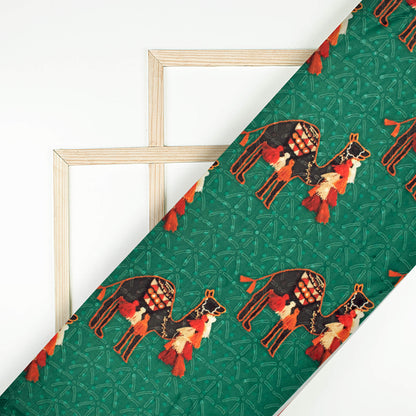 Viridain Green And Brown Gamthee Pattern Digital Print Jacquard Booti Japan Satin Fabric (Width 56 Inches)