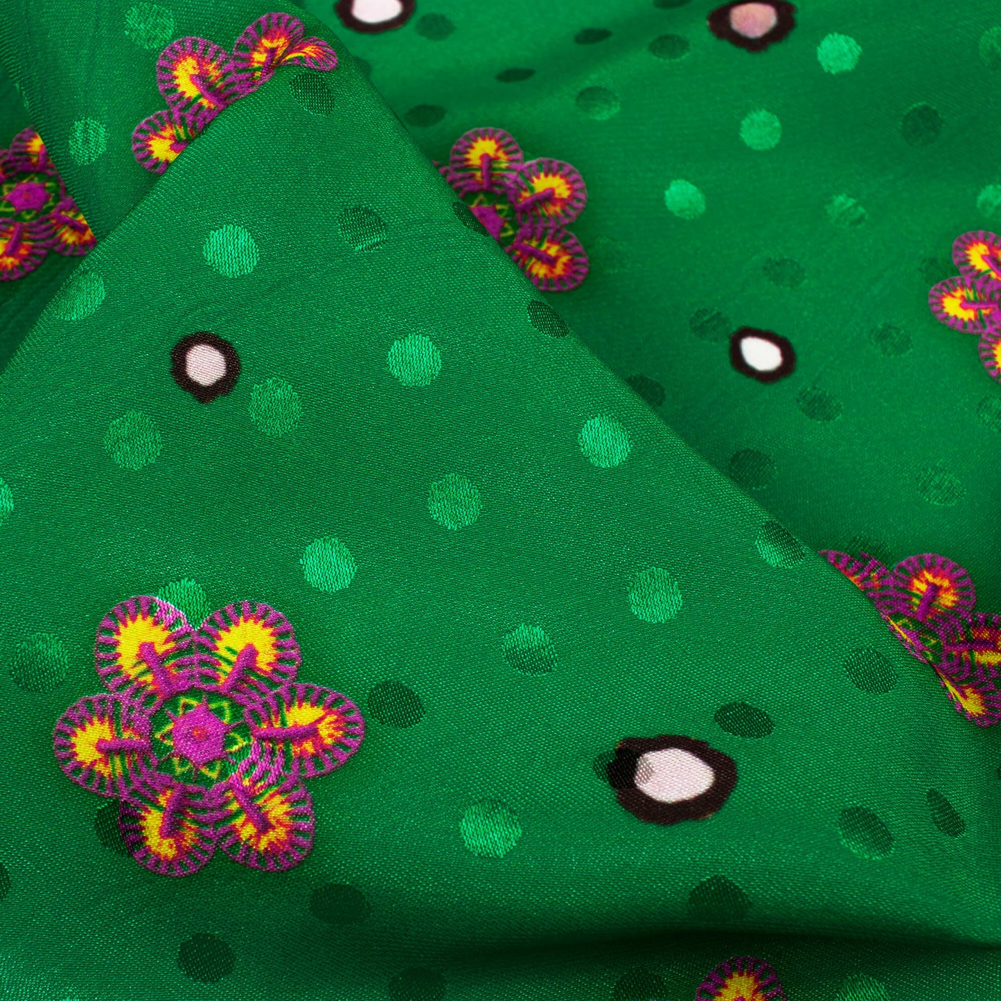 Forest Green And Dark Pink Gamthi Pattern Digital Print Jacquard Booti Japan Satin Fabric (Width 56 Inches)