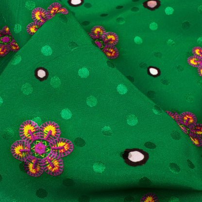 Forest Green And Dark Pink Gamthee Pattern Digital Print Jacquard Booti Japan Satin Fabric (Width 56 Inches)