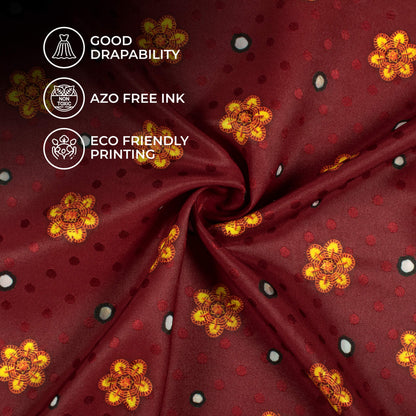 Maroon And Mustard Yellow Gamthee Pattern Digital Print Jacquard Booti Japan Satin Fabric (Width 56 Inches)