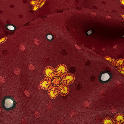 Maroon And Mustard Yellow Gamthee Pattern Digital Print Jacquard Booti Japan Satin Fabric (Width 56 Inches)