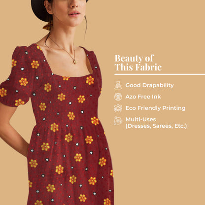 Maroon And Mustard Yellow Gamthee Pattern Digital Print Jacquard Booti Japan Satin Fabric (Width 56 Inches)