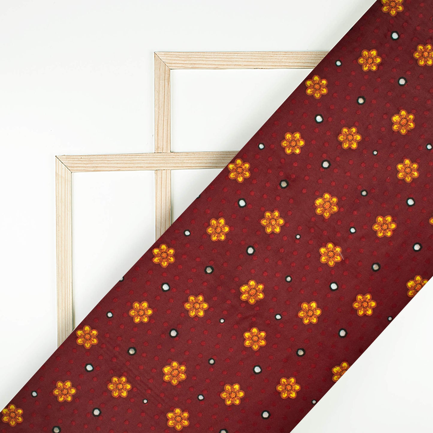Maroon And Mustard Yellow Gamthi Pattern Digital Print Jacquard Booti Japan Satin Fabric (Width 56 Inches)