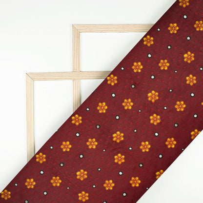 Maroon And Mustard Yellow Gamthee Pattern Digital Print Jacquard Booti Japan Satin Fabric (Width 56 Inches)