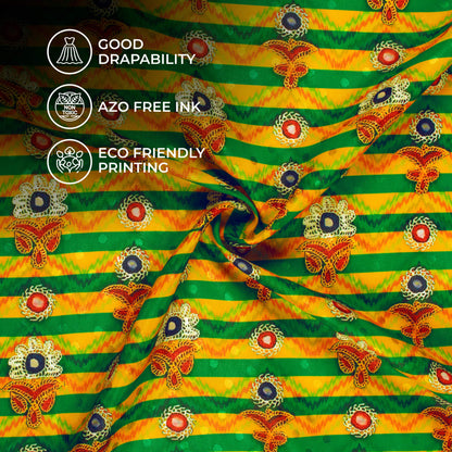 Cyber Yellow And Basil Green Gamthee Pattern Digital Print Jacquard Booti Japan Satin Fabric (Width 56 Inches)