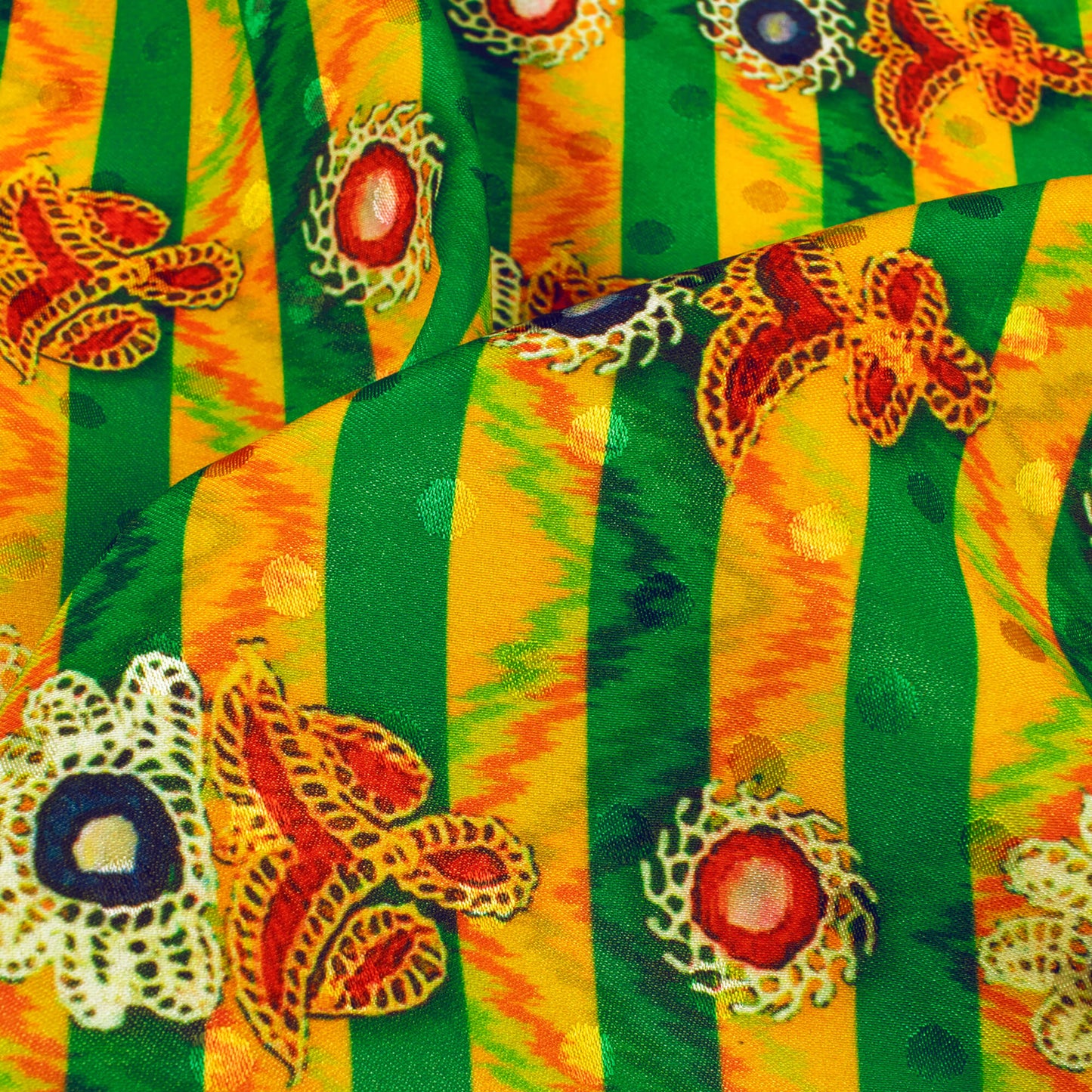 Cyber Yellow And Basil Green Gamthi Pattern Digital Print Jacquard Booti Japan Satin Fabric (Width 56 Inches)