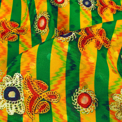 Cyber Yellow And Basil Green Gamthee Pattern Digital Print Jacquard Booti Japan Satin Fabric (Width 56 Inches)