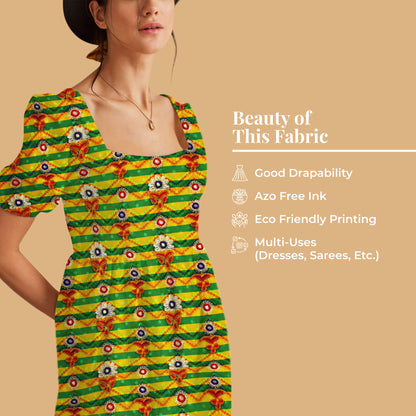 Cyber Yellow And Basil Green Gamthee Pattern Digital Print Jacquard Booti Japan Satin Fabric (Width 56 Inches)