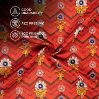 Vermilion Red And Corn Yellow Gamthee Pattern Digital Print Jacquard Booti Japan Satin Fabric (Width 56 Inches)