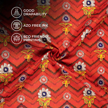 Vermilion Red And Corn Yellow Gamthee Pattern Digital Print Jacquard Booti Japan Satin Fabric (Width 56 Inches)