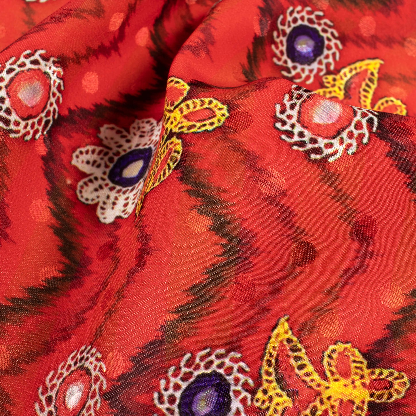 Vermilion Red And Corn Yellow Gamthi Pattern Digital Print Jacquard Booti Japan Satin Fabric (Width 56 Inches)