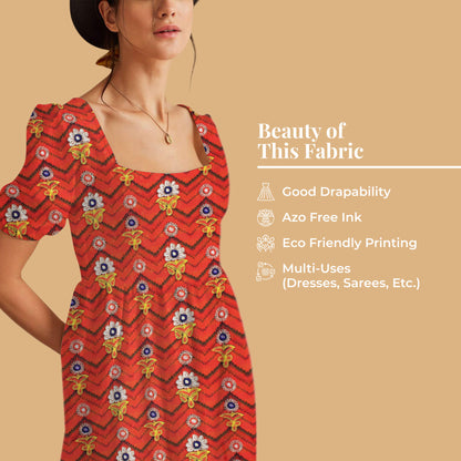 Vermilion Red And Corn Yellow Gamthee Pattern Digital Print Jacquard Booti Japan Satin Fabric (Width 56 Inches)