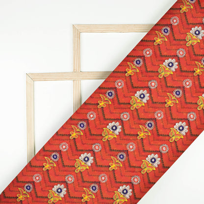 Vermilion Red And Corn Yellow Gamthee Pattern Digital Print Jacquard Booti Japan Satin Fabric (Width 56 Inches)