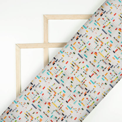 Off White And Red Abstract Pattern Digital Print Twill Fabric (Width 56 Inches)