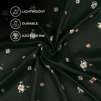 Dark Forest Green And Off White Floral Pattern Digital Print Twill Fabric (Width 56 Inches)