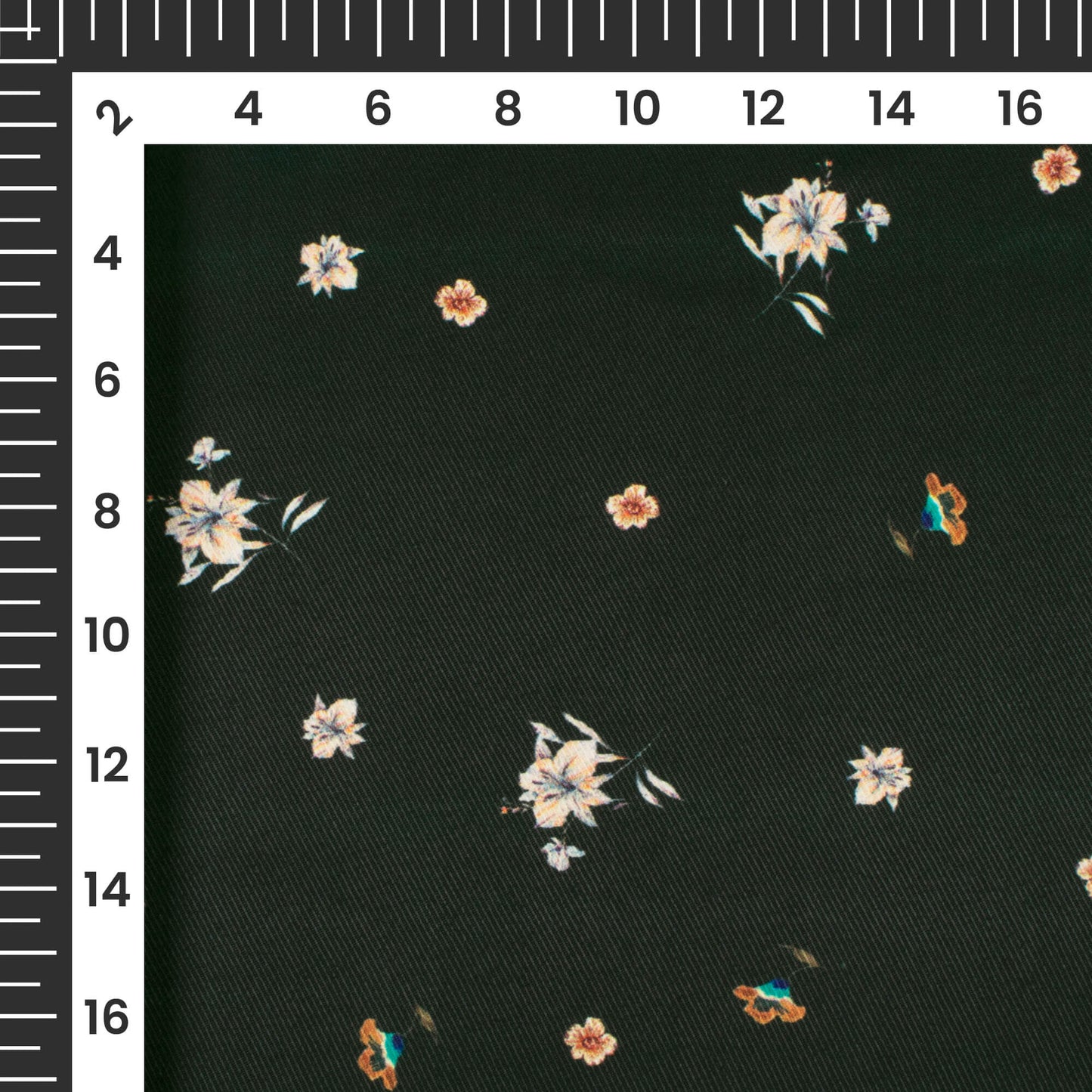 Dark Forest Green And Off White Floral Pattern Digital Print Twill Fabric (Width 56 Inches)