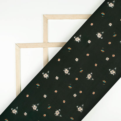 Dark Forest Green And Off White Floral Pattern Digital Print Twill Fabric (Width 56 Inches)