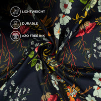 Dark Blue And Yellow Floral Pattern Digital Print Twill Fabric (Width 56 Inches)