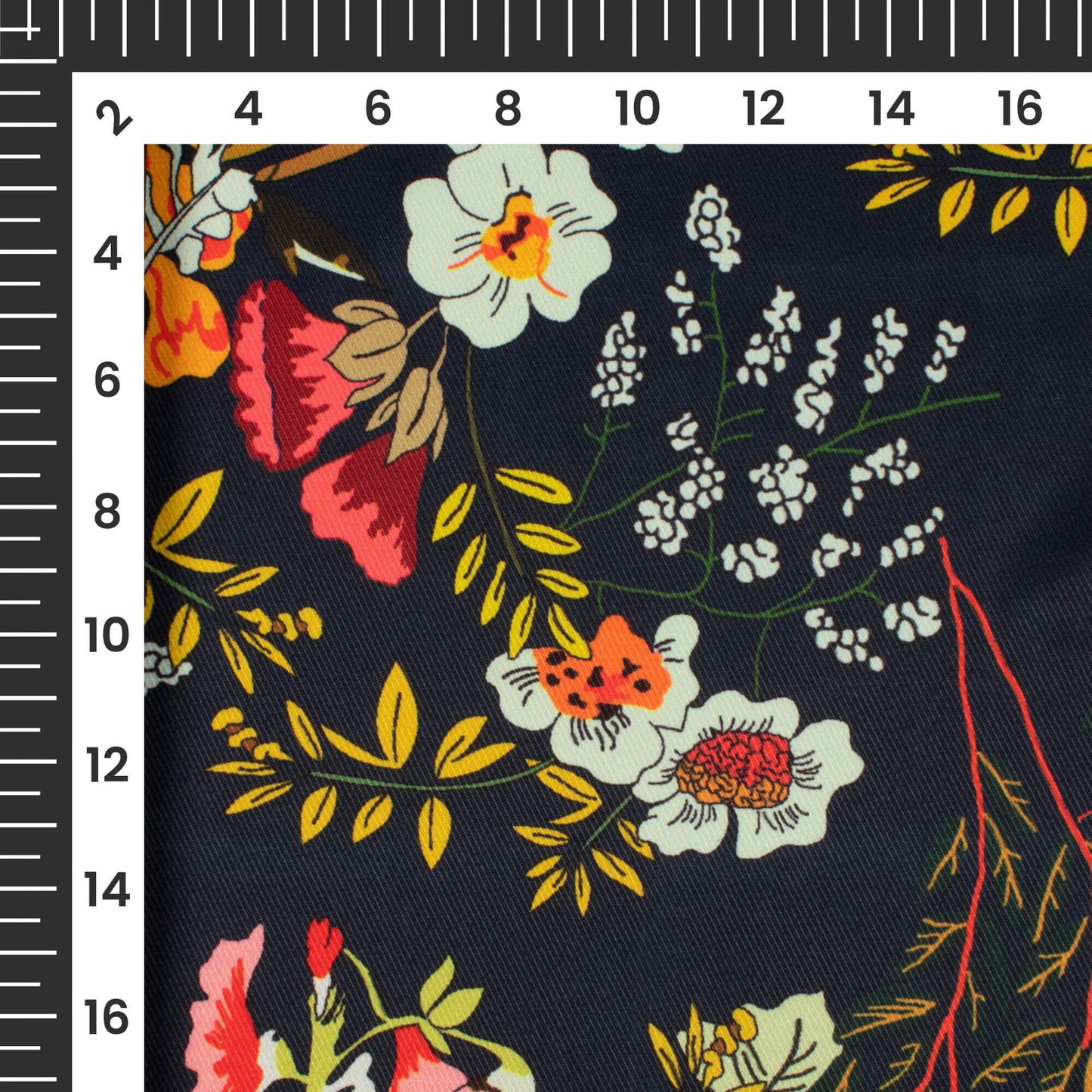 Dark Blue And Yellow Floral Pattern Digital Print Twill Fabric (Width 56 Inches)