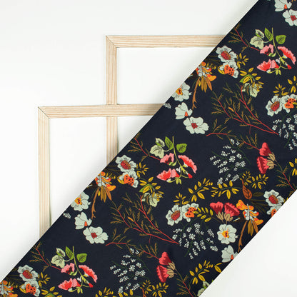 Dark Blue And Yellow Floral Pattern Digital Print Twill Fabric (Width 56 Inches)