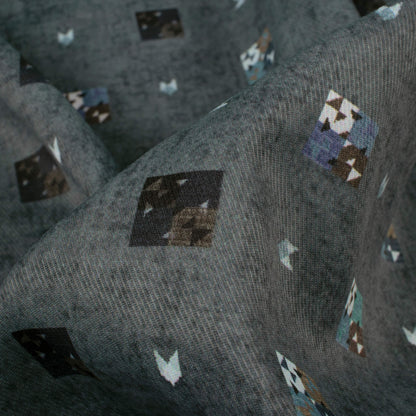 Charcoal Grey And White Geometric Pattern Digital Print Twill Fabric (Width 56 Inches)