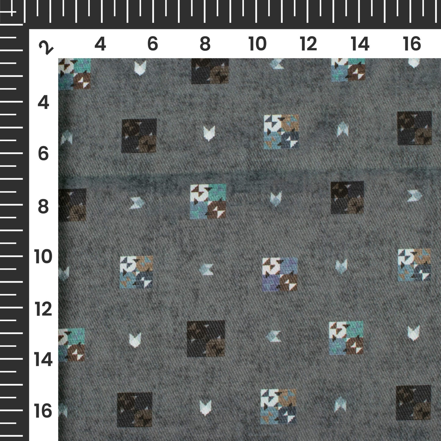Charcoal Grey And White Geometric Pattern Digital Print Twill Fabric (Width 56 Inches)