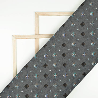 Charcoal Grey And White Geometric Pattern Digital Print Twill Fabric (Width 56 Inches)