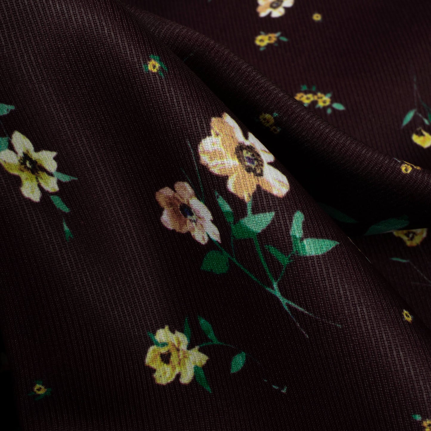 Dark Brown And Corn Yellow Floral Pattern Digital Print Twill Fabric (Width 56 Inches)