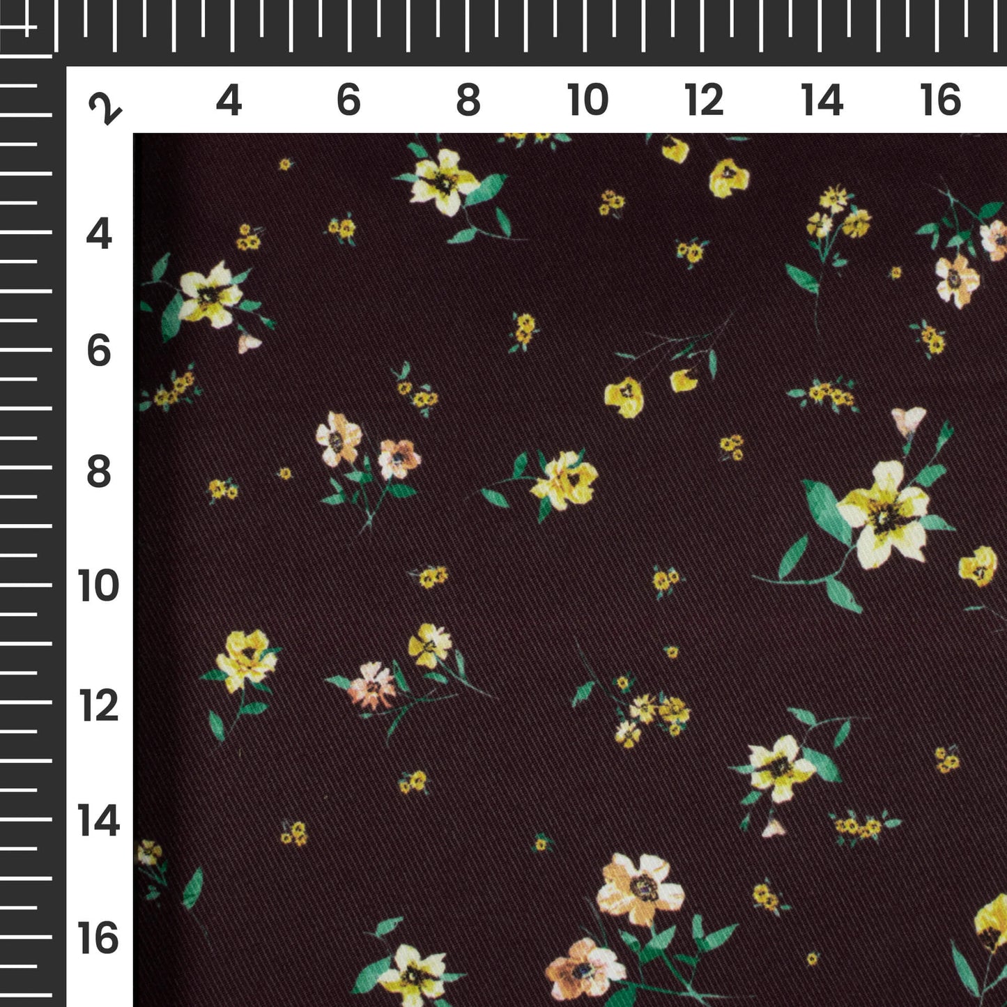 Dark Brown And Corn Yellow Floral Pattern Digital Print Twill Fabric (Width 56 Inches)