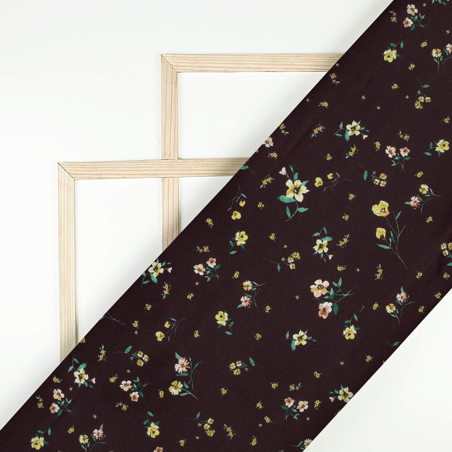 Dark Brown And Corn Yellow Floral Pattern Digital Print Twill Fabric (Width 56 Inches)