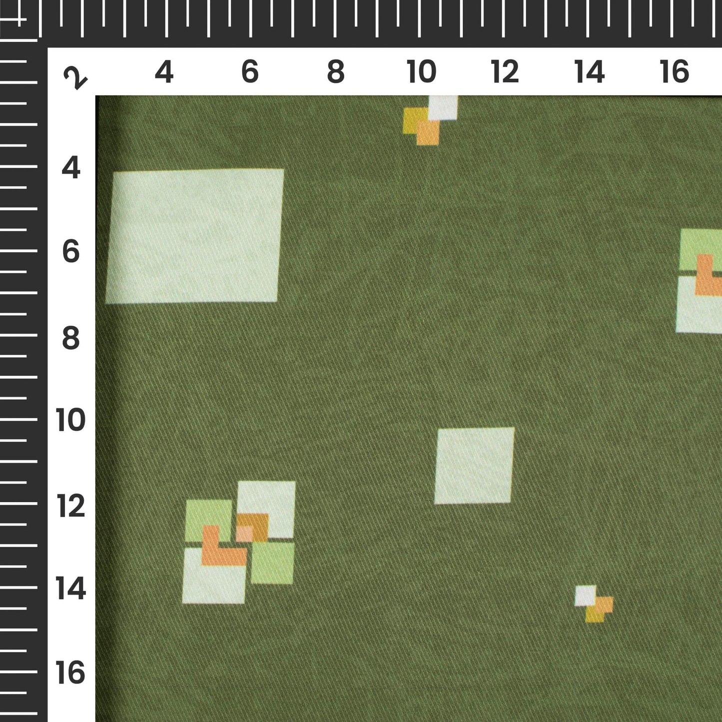 Basil Green And Beige Geometric Pattern Digital Print Twill Fabric (Width 56 Inches)