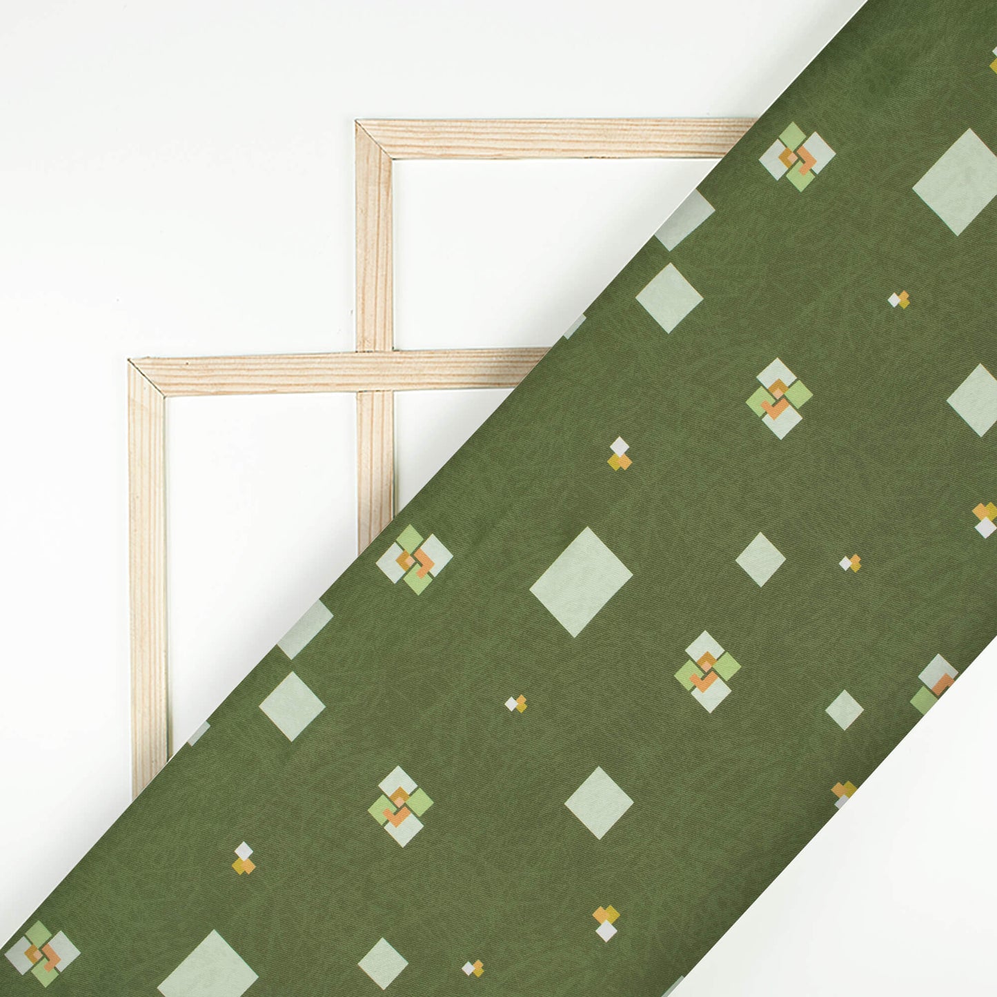 Basil Green And Beige Geometric Pattern Digital Print Twill Fabric (Width 56 Inches)
