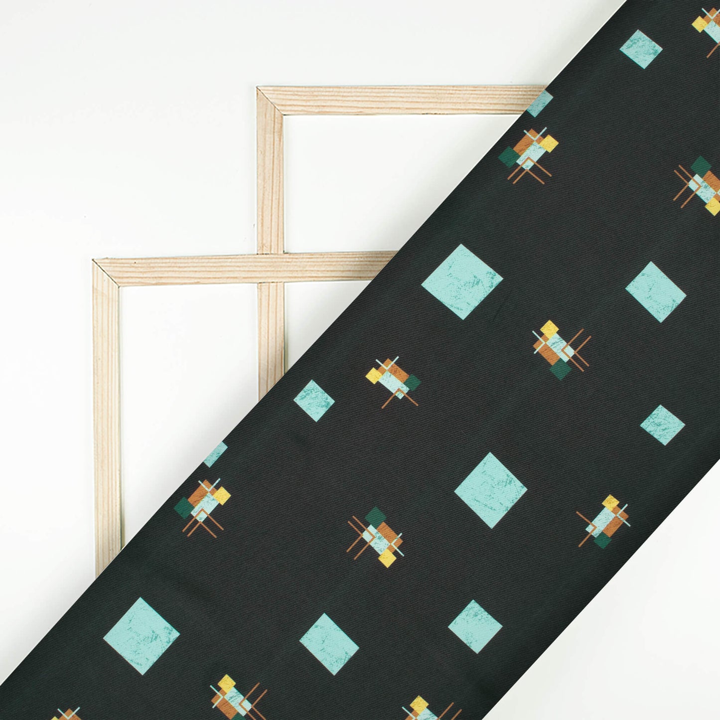 Charleston Green And Pastel Blue Geometric Pattern Digital Print Twill Fabric (Width 56 Inches)