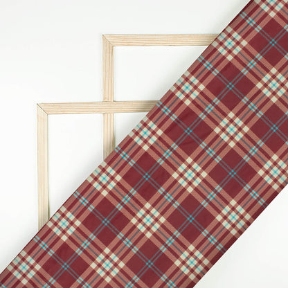 Maroon And Cream Checks Pattern Digital Print Twill Fabric (Width 56 Inches)