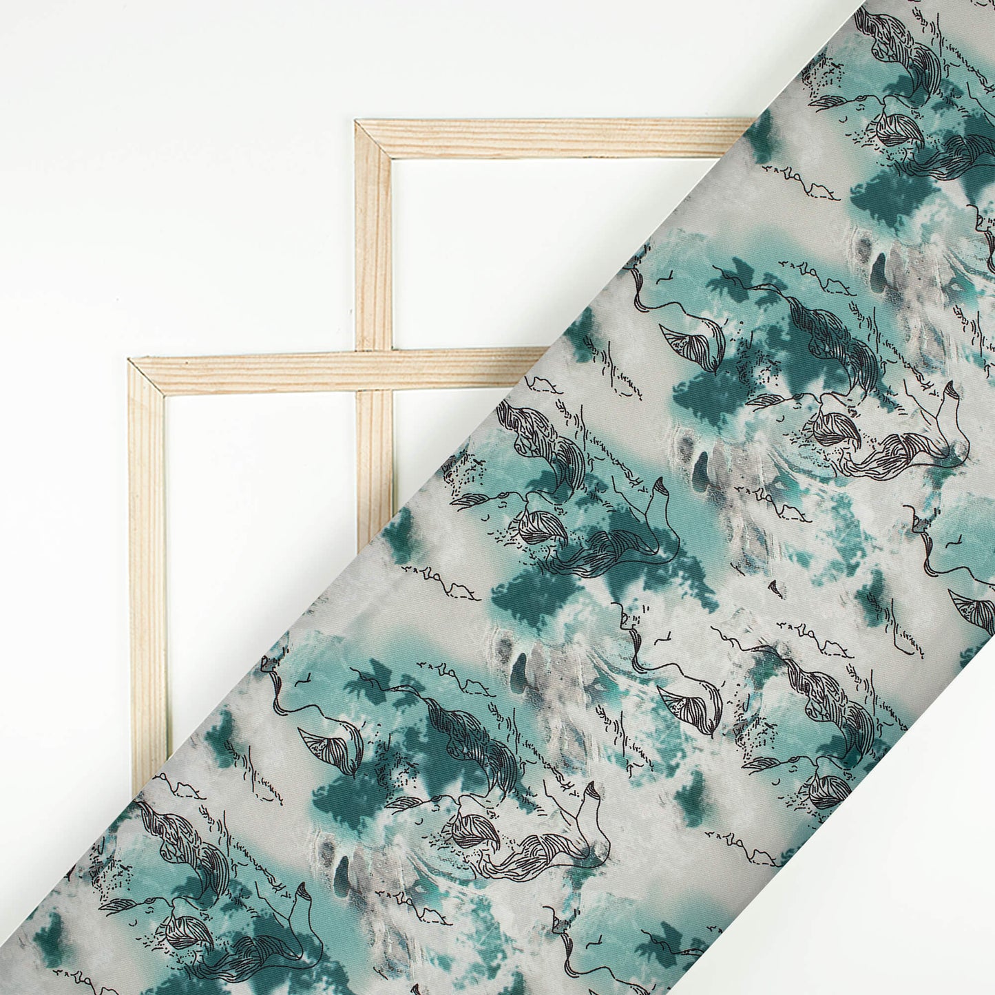 Off White And Sage Green Abstract Pattern Digital Print Twill Fabric (Width 56 Inches)