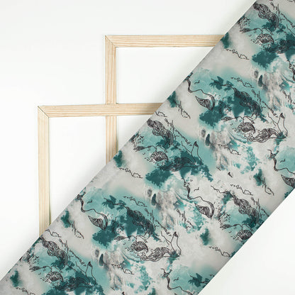 Off White And Sage Green Abstract Pattern Digital Print Twill Fabric (Width 56 Inches)
