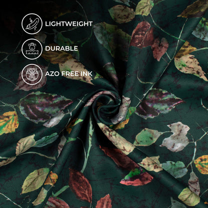 Forest Green And Cream Leaf Pattern Digital Print Twill Fabric (Width 56 Inches)