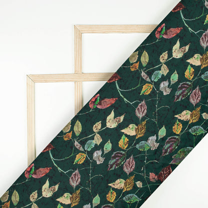 Forest Green And Cream Leaf Pattern Digital Print Twill Fabric (Width 56 Inches)