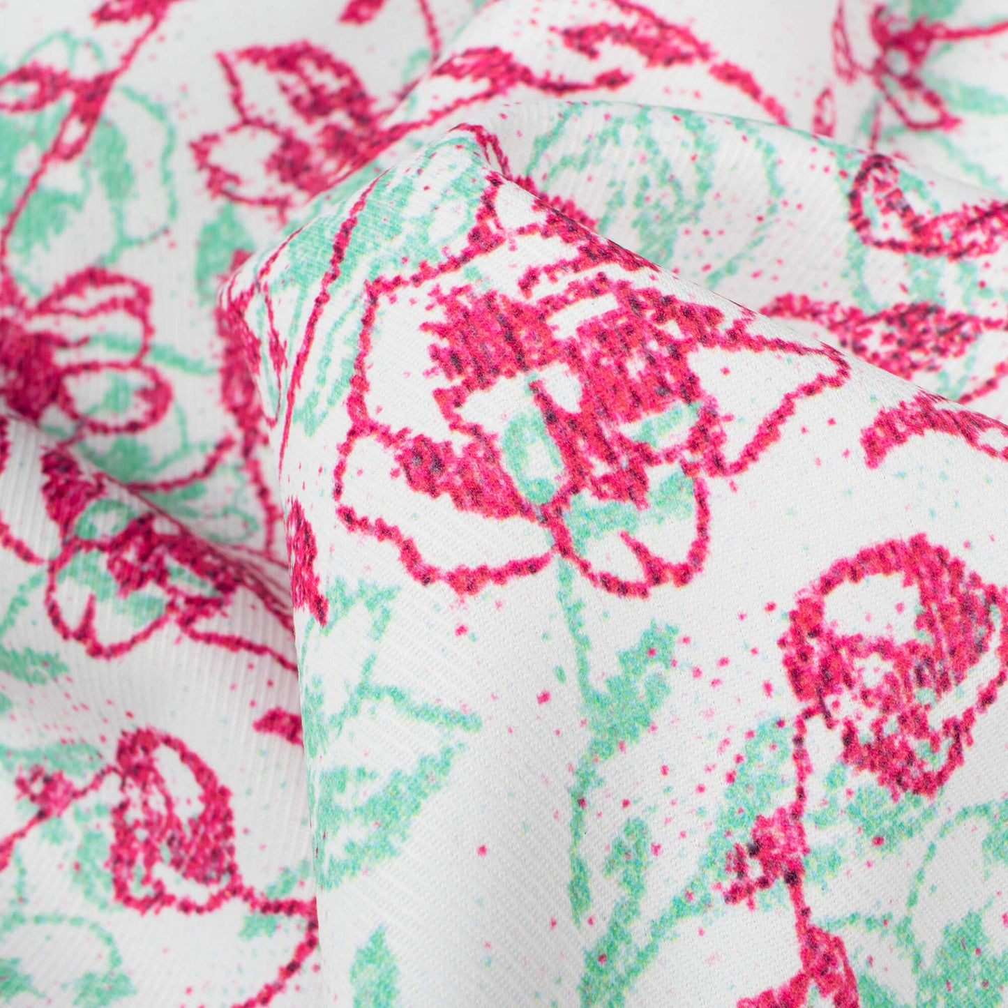 White And Dark Pink Floral Pattern Digital Print Twill Fabric (Width 56 Inches)