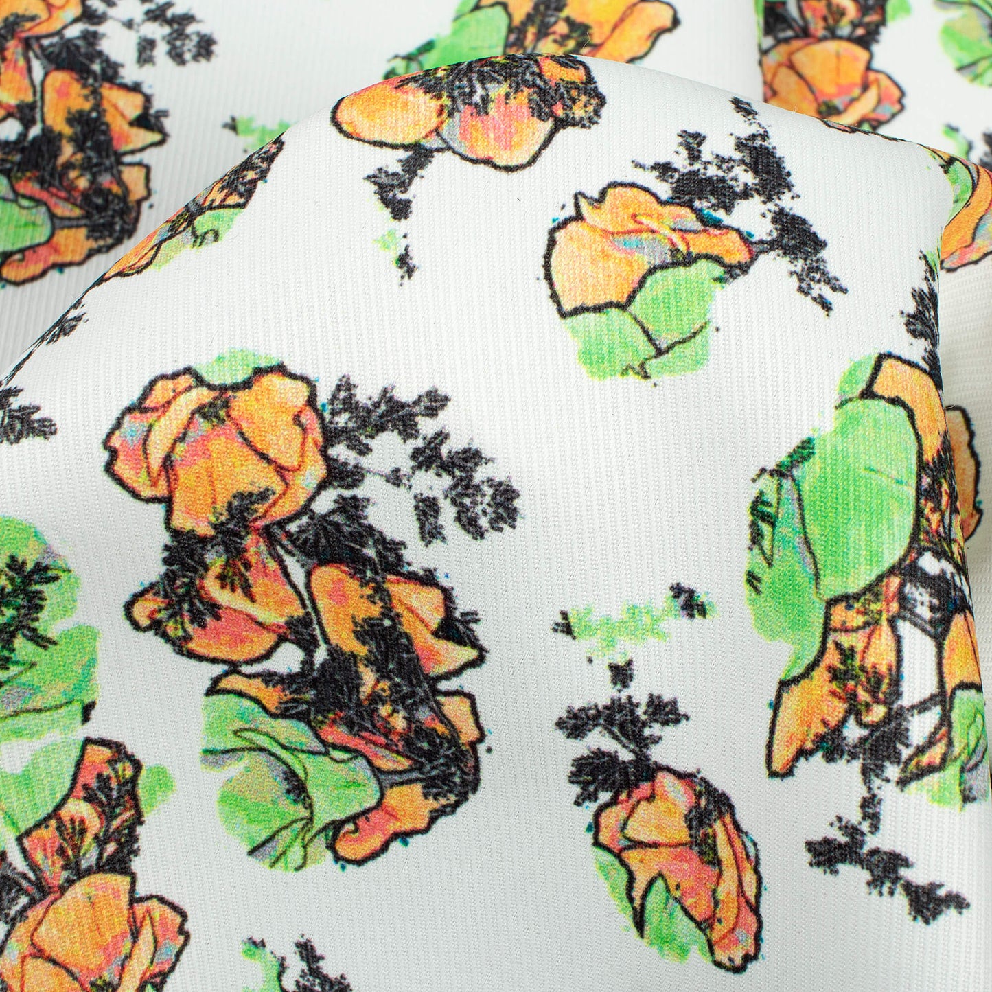 White And Green Floral Pattern Digital Print Twill Fabric (Width 56 Inches)