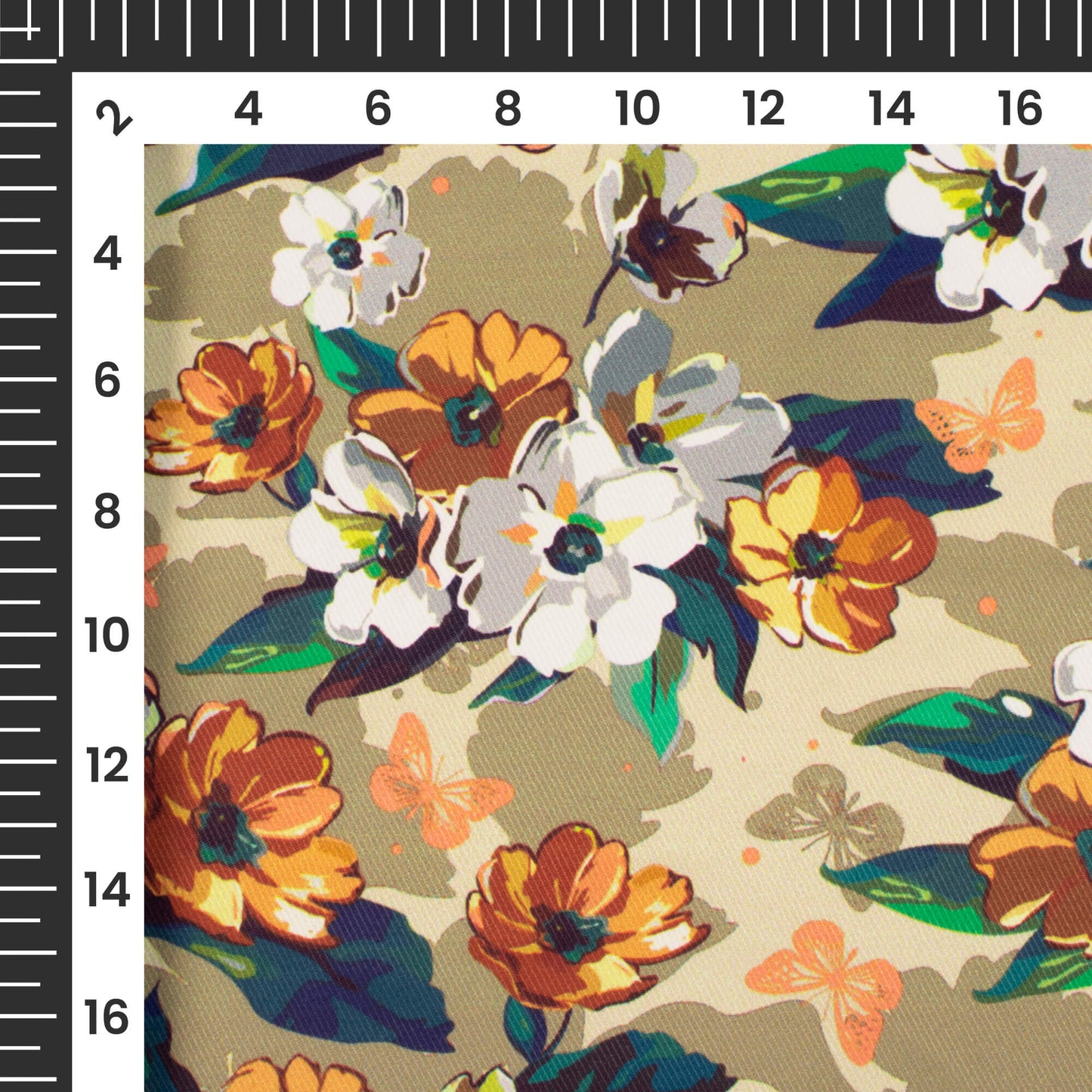 Beige And Dark Orange Floral Pattern Digital Print Twill Fabric (Width 56 Inches)